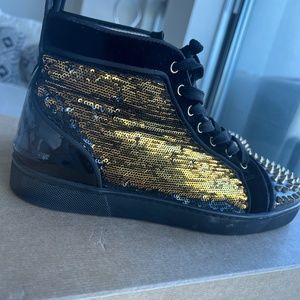 CHRISTIAN LOUBOUTIN Patent Velvet Sequin Mens Louis Spikes Flat Sneakers